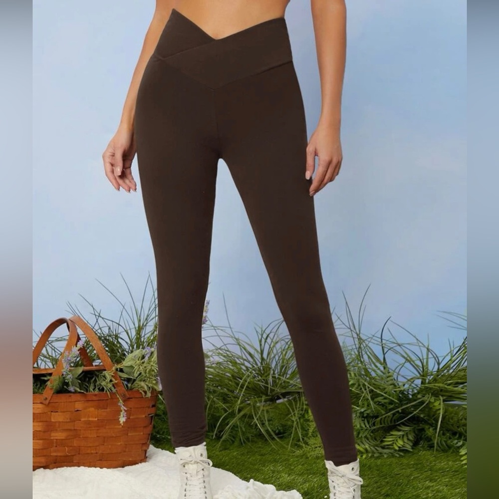 Viral Cotton Stretch Workout Yoga Leggings Crossover High V Waist S/M Brown Soft